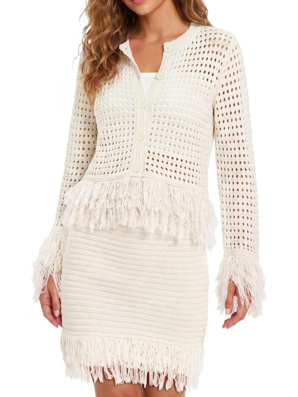 Chic Women's 2-Piece Crochet Set | Long Sleeve Cardigan & Fringe Skirt Outfit